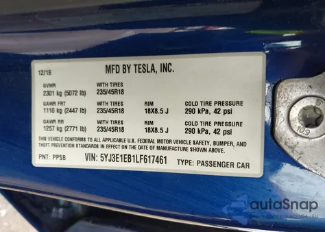2020 Tesla Model 3 Long Range Dual Motor All-Wheel Drive from USA, damaged, VIN 5YJ3E1EB1LF617461